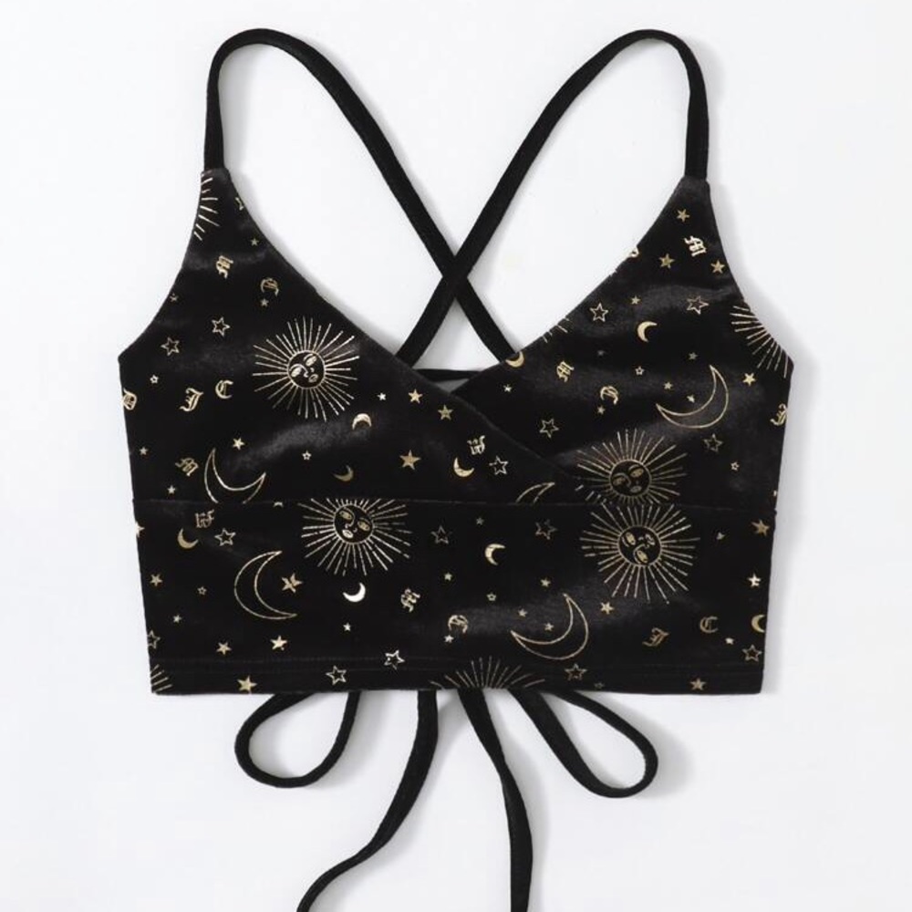 Velvet lace-up galaxy crop tank top